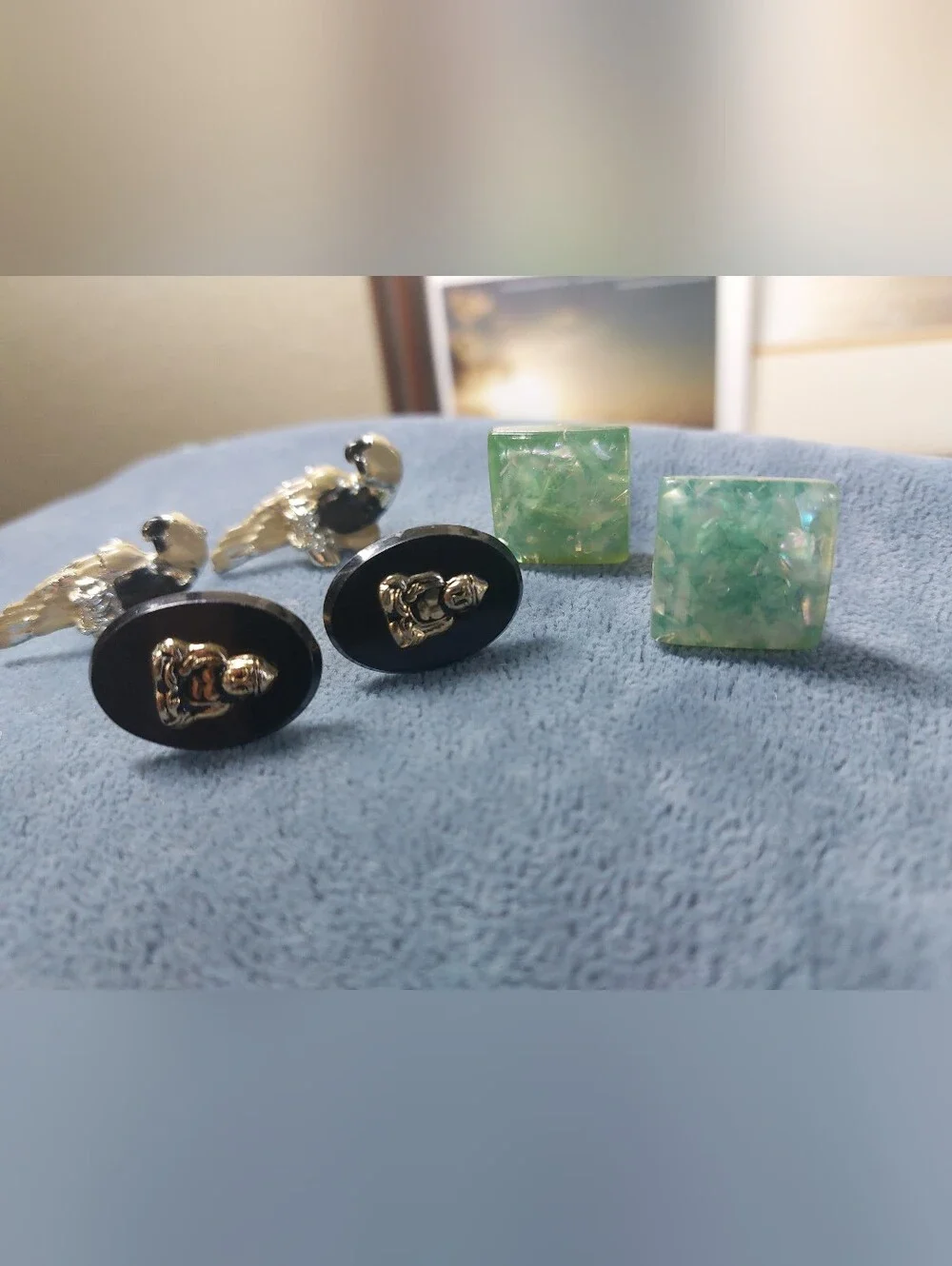 Vintage Cufflink Lot of 3 - Enamel Parrot Birds, Buddha Statues & Green Lucit